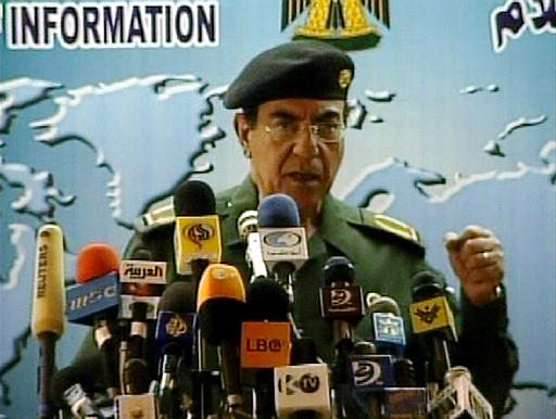 Iraqi Information Minister Mohammed Saeed A-Sahhaf, seen in this image from video, Baghdad, April 6, 2003.